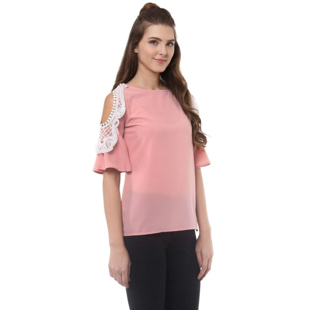 Women's Polyester Lace Inserts Half Sleeve Top (Pink) - Image 4