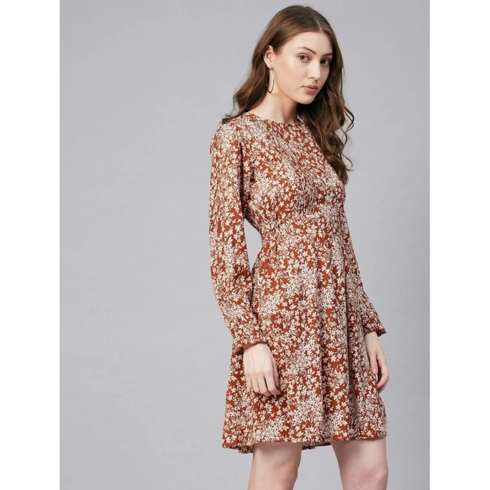 Women's Polyester Floral Long Sleeves Above Knee Dress (Rust) - Image 3