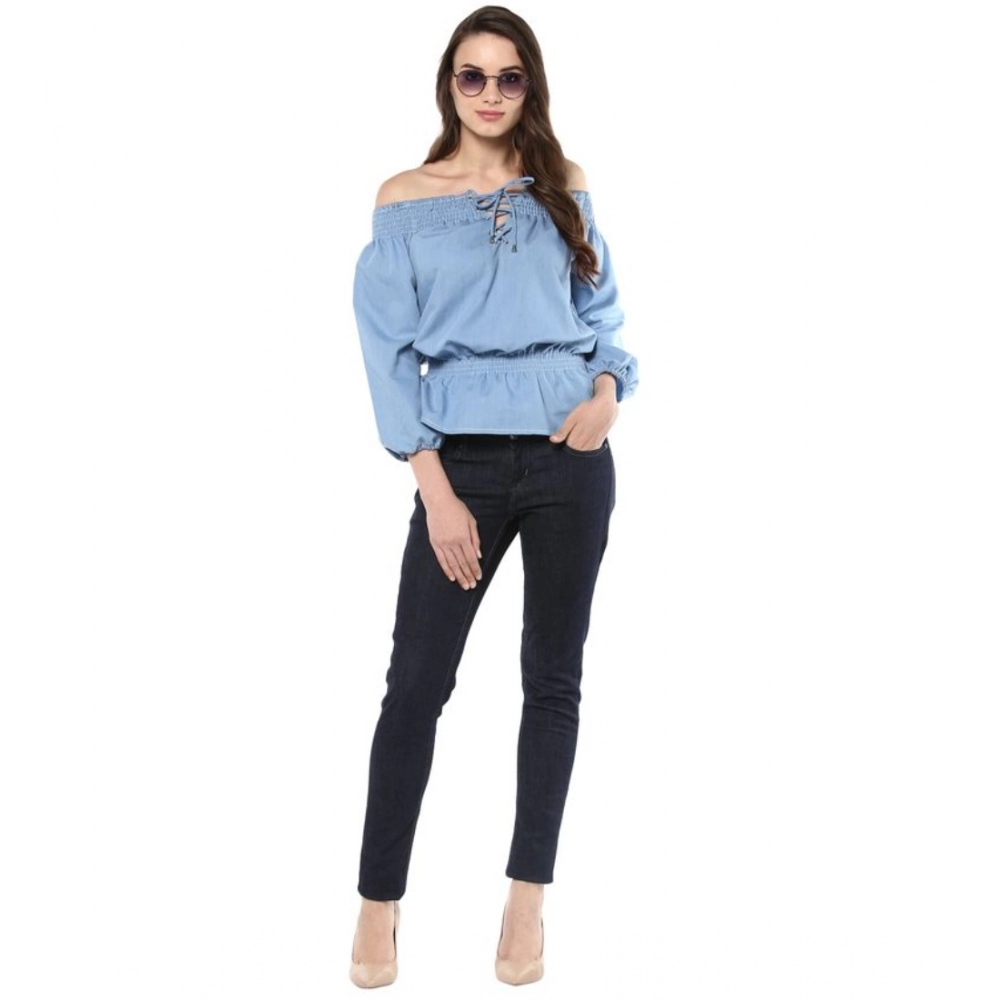 Women's Denim Solid 3-4th Sleeves Regular Top (Blue) - Image 6