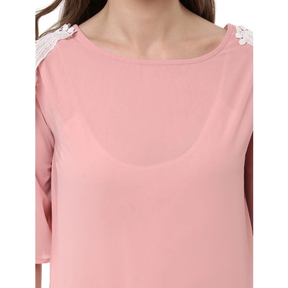 Women's Polyester Lace Inserts Half Sleeve Top (Pink) - Image 2