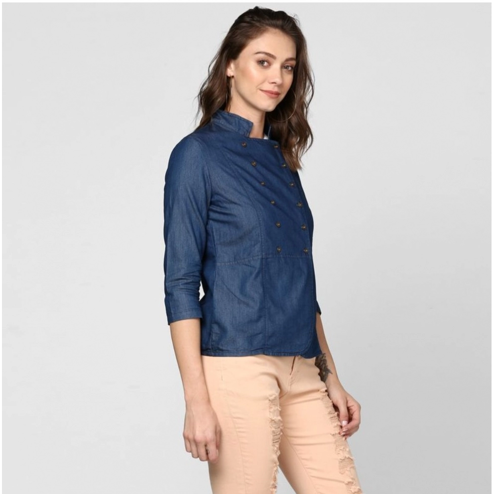 Women's Denim Solid 3-4th Sleeves Top (Blue) - Image 2
