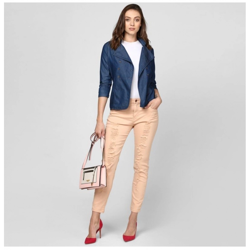 Women's Denim Solid 3-4th Sleeves Top (Blue) - Image 5
