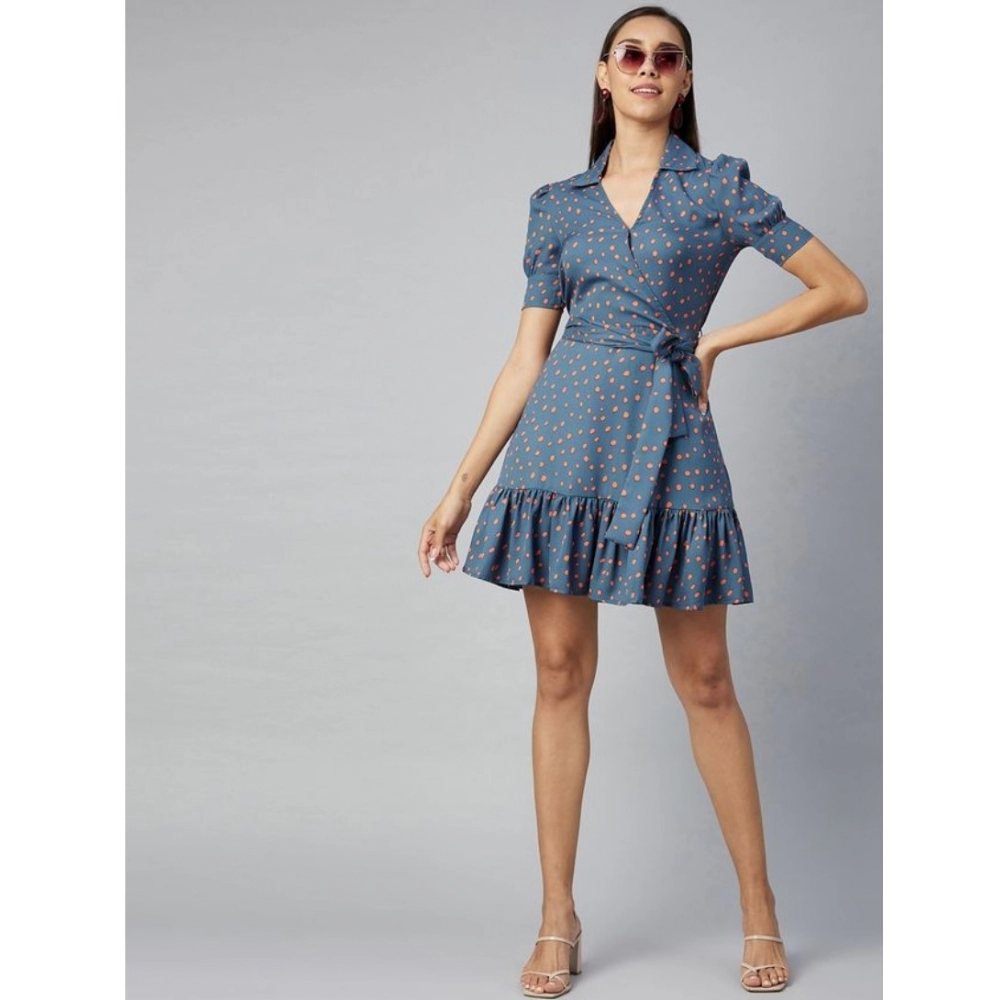 Women's Polyester Polka Short Sleeve Above Knee Dress (Grey - Coral) - Image 6