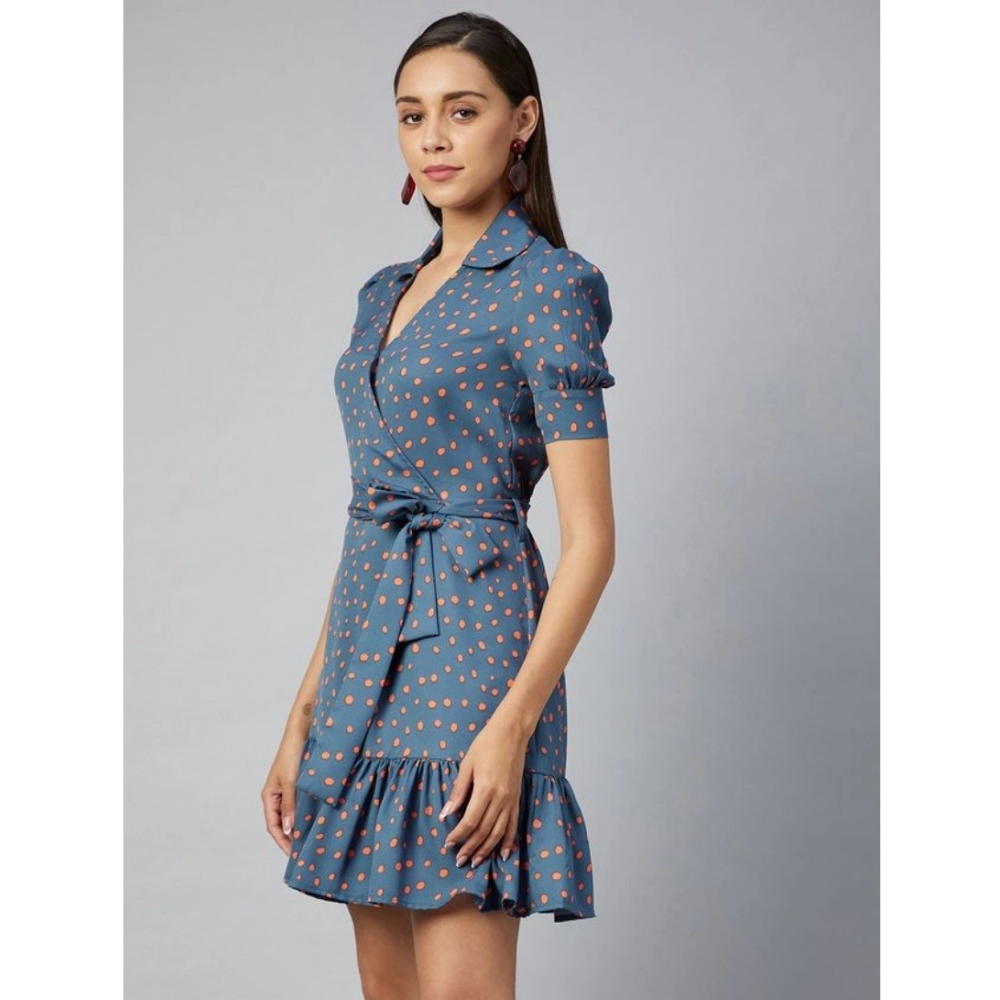 Women's Polyester Polka Short Sleeve Above Knee Dress (Grey - Coral) - Image 4