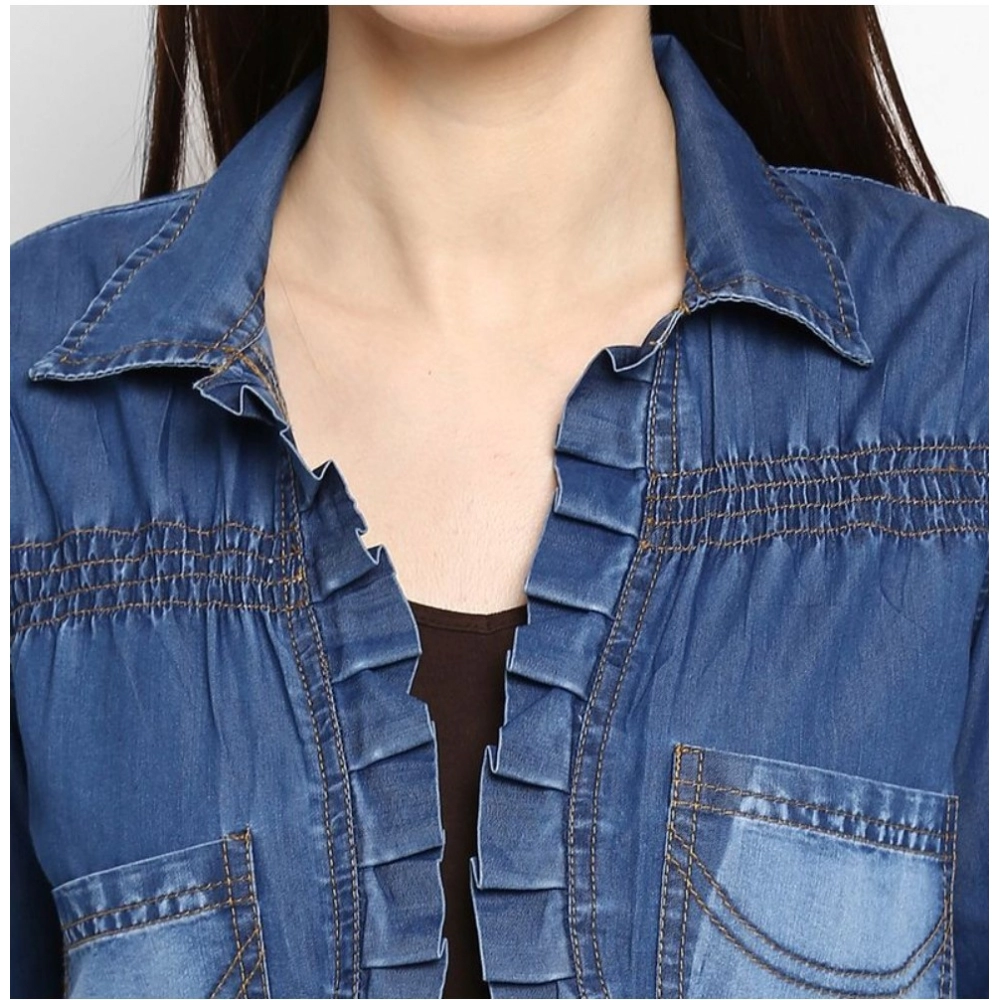 Women's Denim Pleated 3-4th Sleeves Shrug (Blue) - Image 2