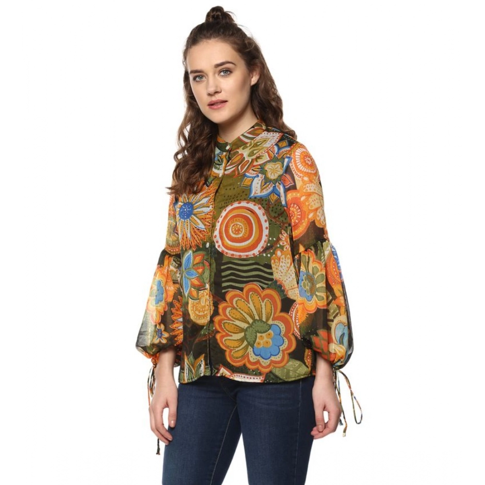 Women's Polyester Floral Balloon Sleeve Top (Mustard - Olive) - Image 3