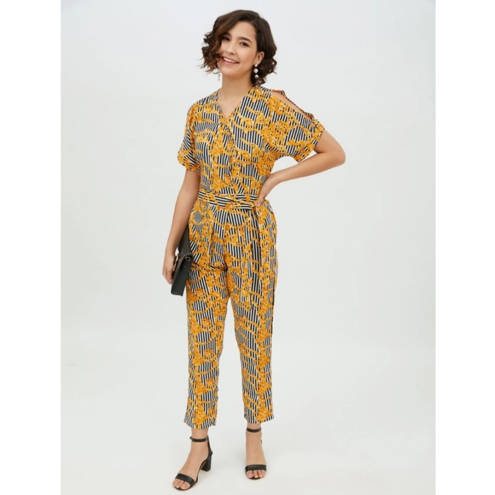 Women's Polyester Printed Half Sleeve Long Jumpsuit (Yellow) - Image 6