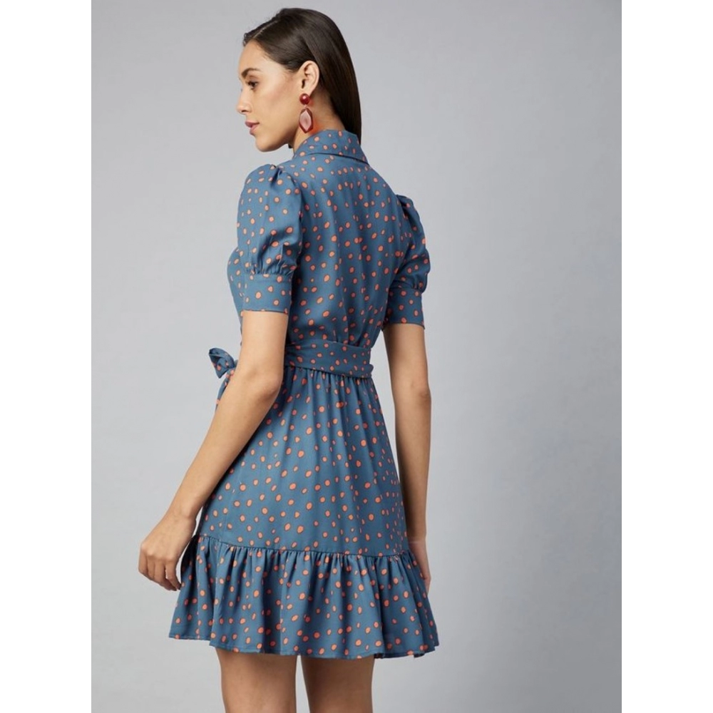 Women's Polyester Polka Short Sleeve Above Knee Dress (Grey - Coral) - Image 7