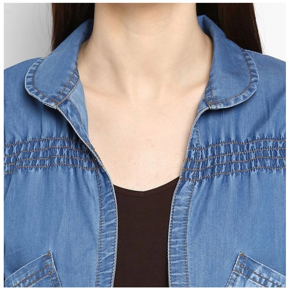 Women's Denim Smocking 3-4th Sleeves Shrug (Blue) - Image 2