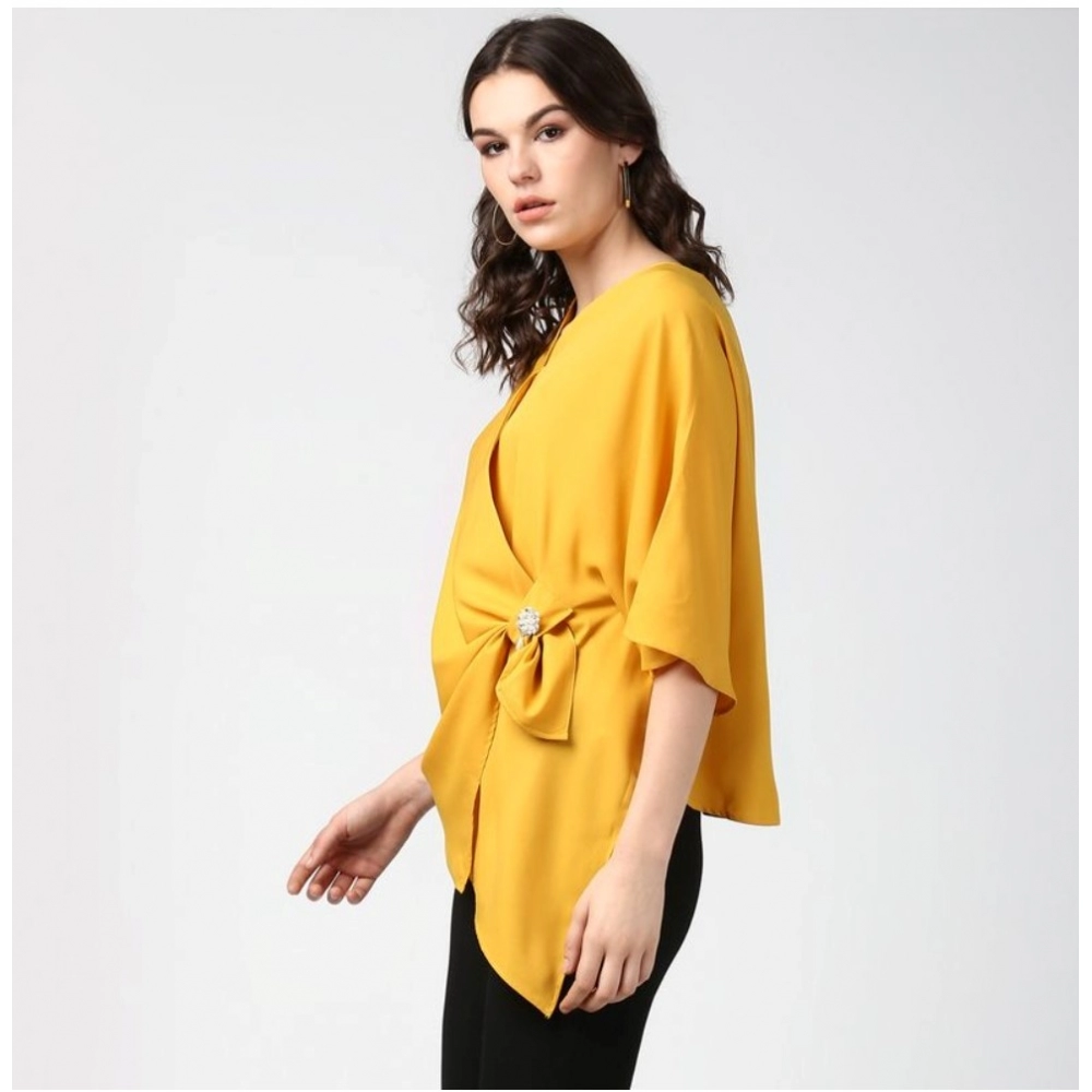 Women's Polyester Solid Cape Sleeve Top (Yellow) - Image 3