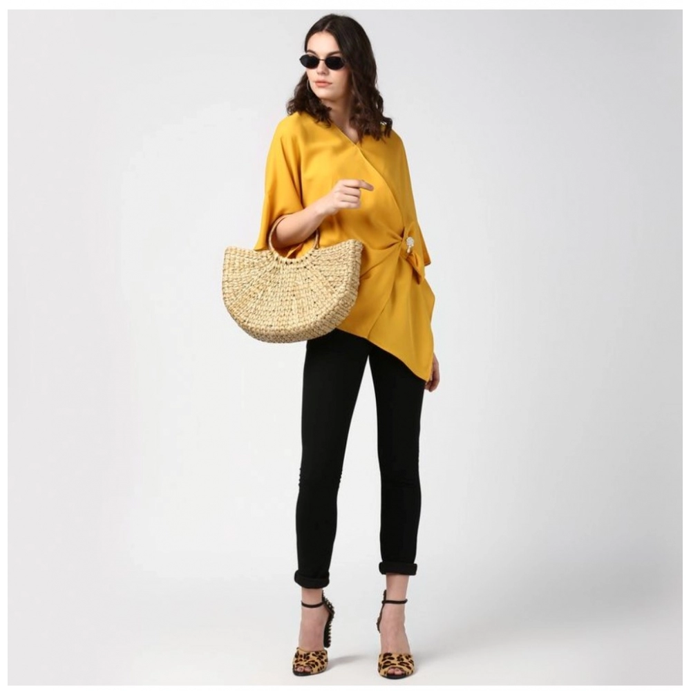 Women's Polyester Solid Cape Sleeve Top (Yellow) - Image 6