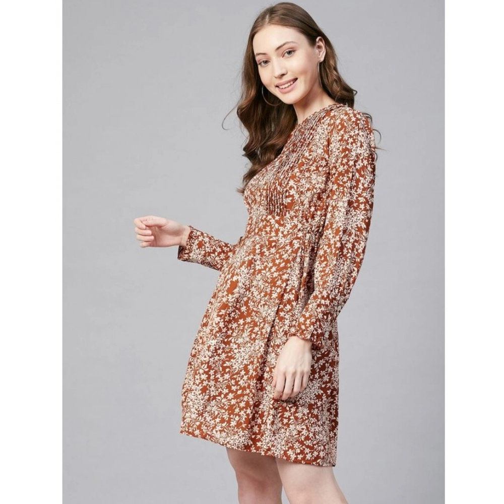 Women's Polyester Floral Long Sleeves Above Knee Dress (Rust) - Image 4