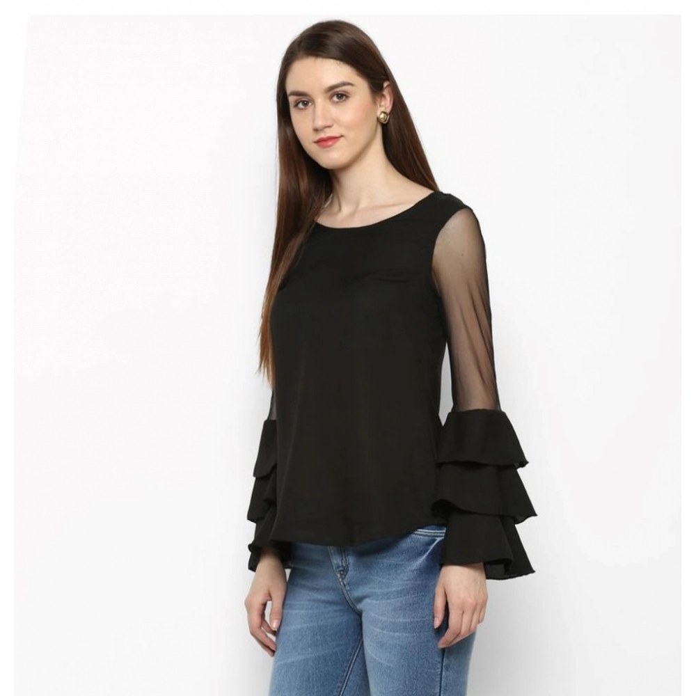 Women's Polyester Solid Tier Sleeve Top (Black) - Image 3
