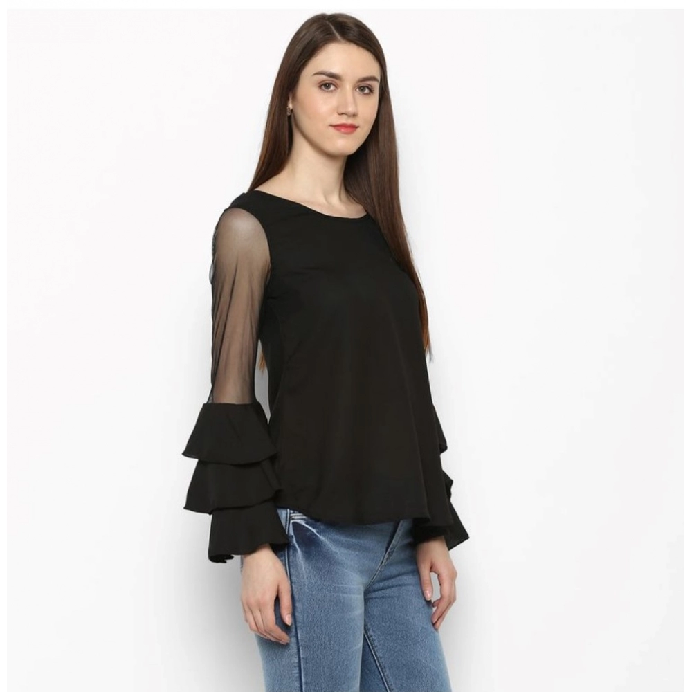 Women's Polyester Solid Tier Sleeve Top (Black) - Image 4