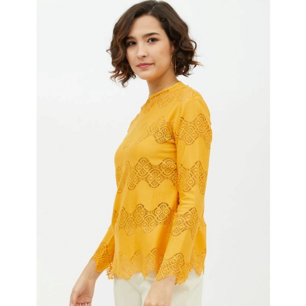 Women's Cotton Lace Inserts Long Sleeves Top (Yellow) - Image 3