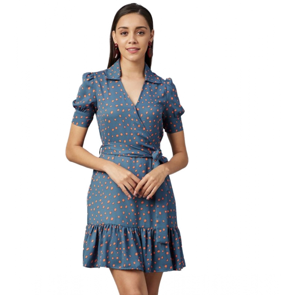 Women's Polyester Polka Short Sleeve Above Knee Dress (Grey - Coral)