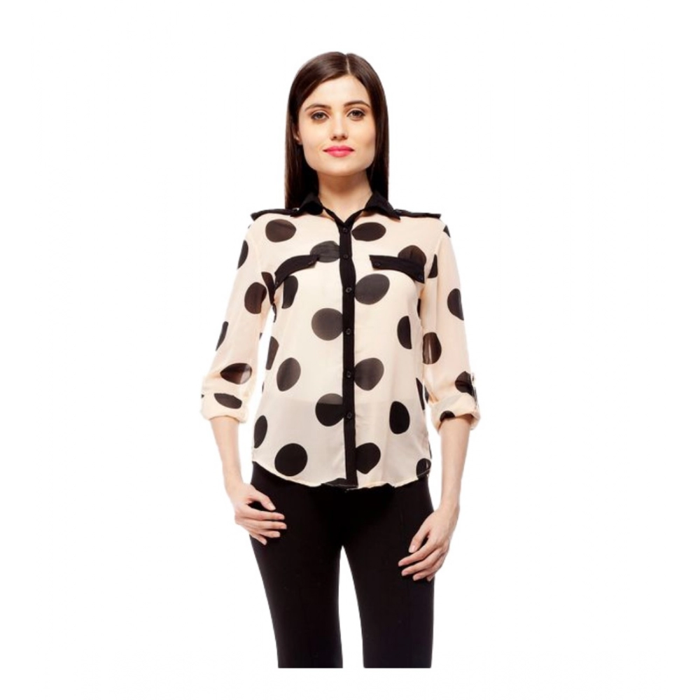Women's Polyester Polka Roll Up Sleeve Standard Length Shirt (Peach)