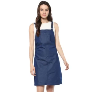 Women's Denim Solid Shoulder Straps Above Knee Dress (Blue)