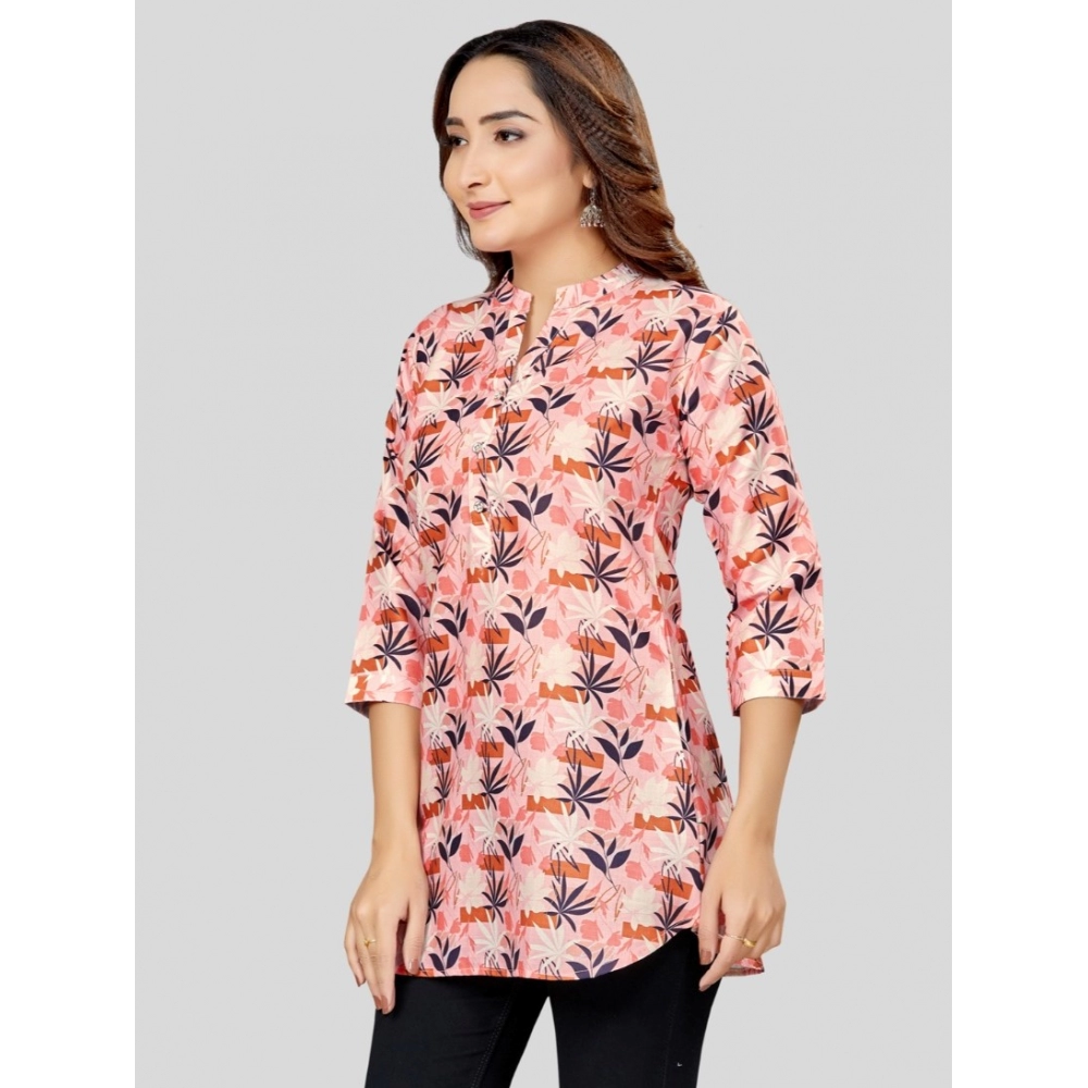 Women's Cotton Blend Mandarin Collar 3/4 Sleeves Short Top (Pink-Navy Blue) - Image 2
