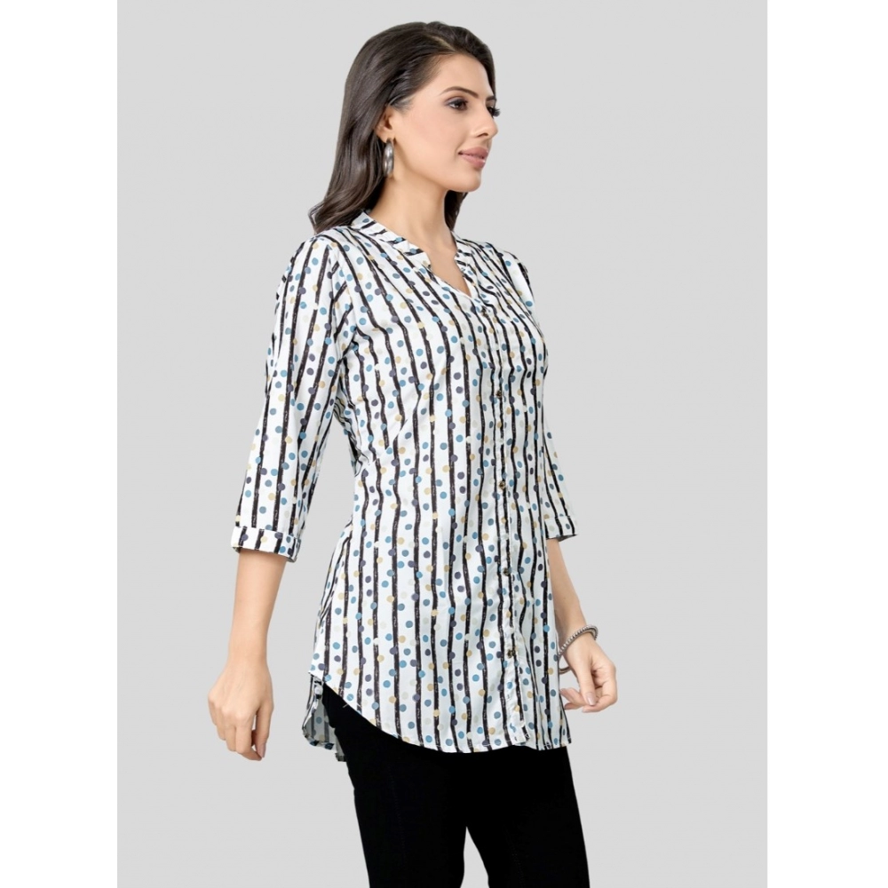 Women's Poly Crepe Mandarin Collar 3/4 Sleeves Short Top (White) - Image 2
