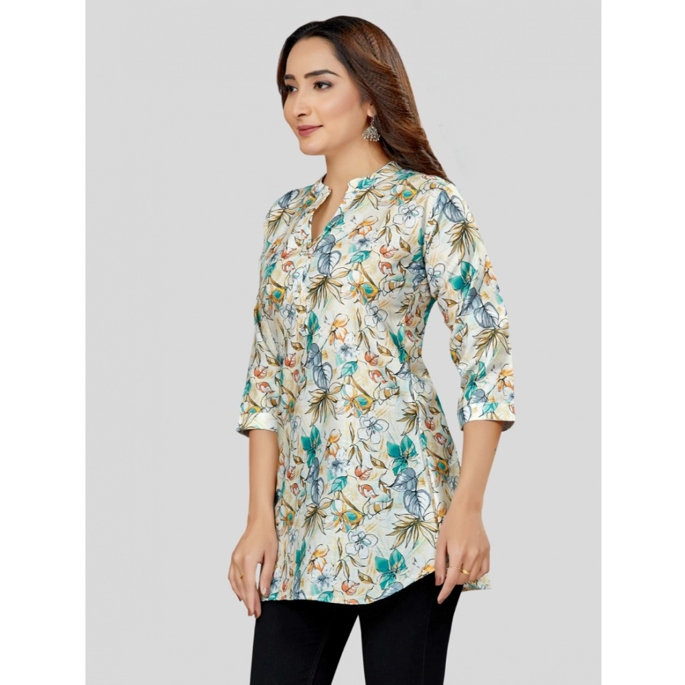 Women's Cotton Blend Mandarin Collar 3/4 Sleeves Short Top (OffWhite-Blue) - Image 2