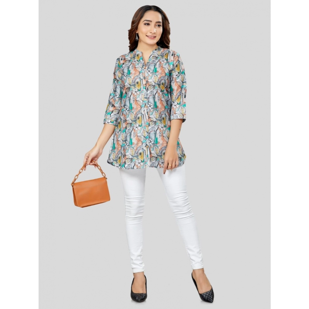 Women's Cotton Blend Mandarin Collar 3/4 Sleeves Short Top (Grey) - Image 2