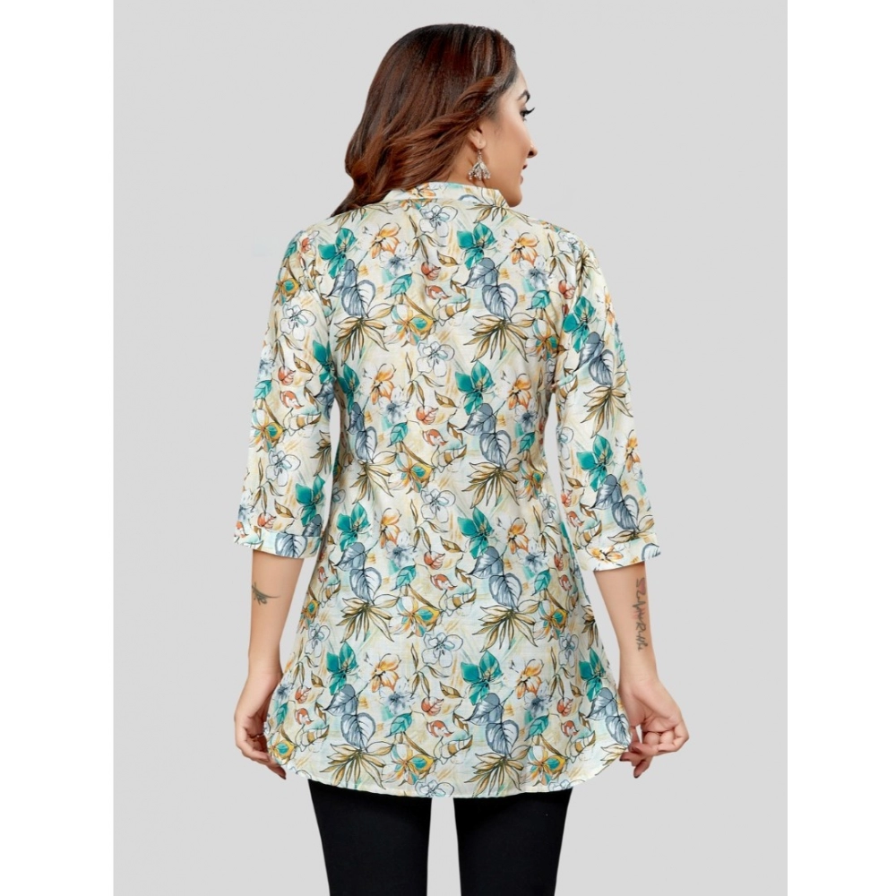 Women's Cotton Blend Mandarin Collar 3/4 Sleeves Short Top (OffWhite-Blue) - Image 6