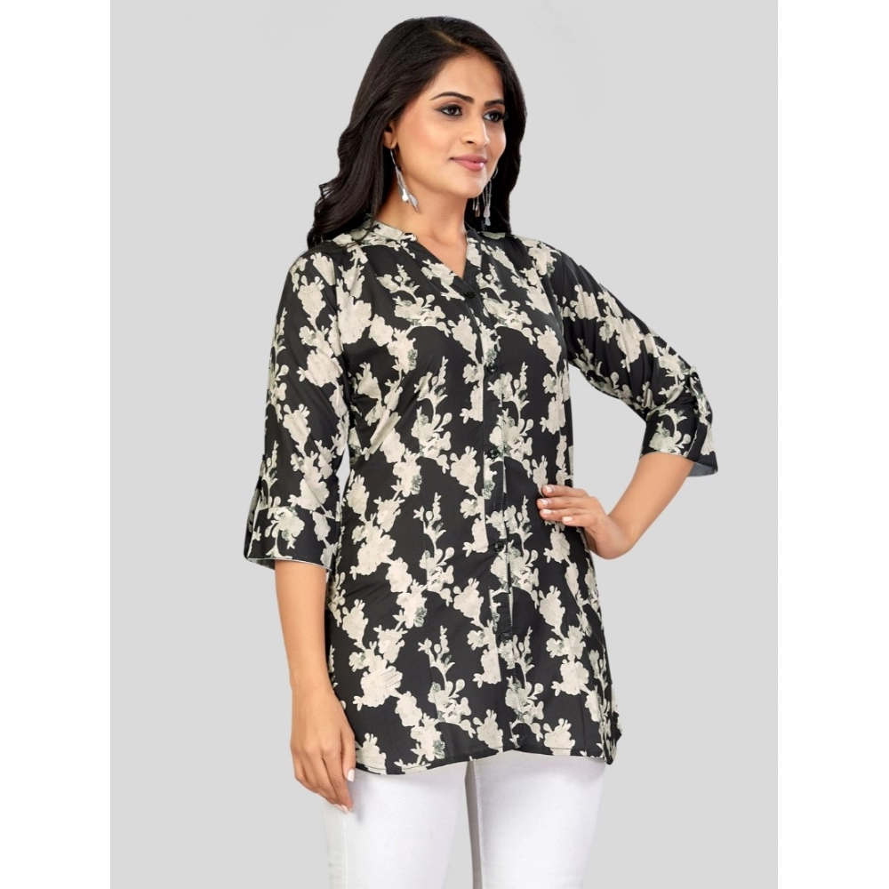 Women's Poly Crepe Mandarin Collar 3/4 Sleeves Short Top (Black) - Image 5