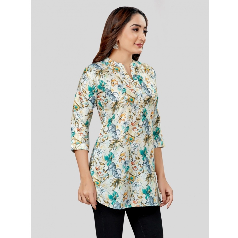 Women's Cotton Blend Mandarin Collar 3/4 Sleeves Short Top (OffWhite-Blue) - Image 5