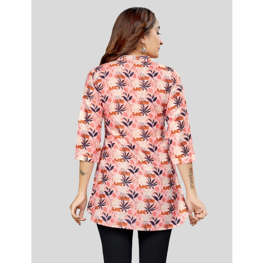 Women's Cotton Blend Mandarin Collar 3/4 Sleeves Short Top (Pink-Navy Blue) - Image 6