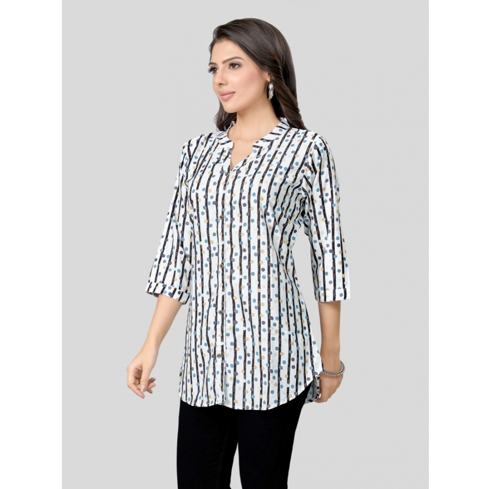 Women's Poly Crepe Mandarin Collar 3/4 Sleeves Short Top (White) - Image 5