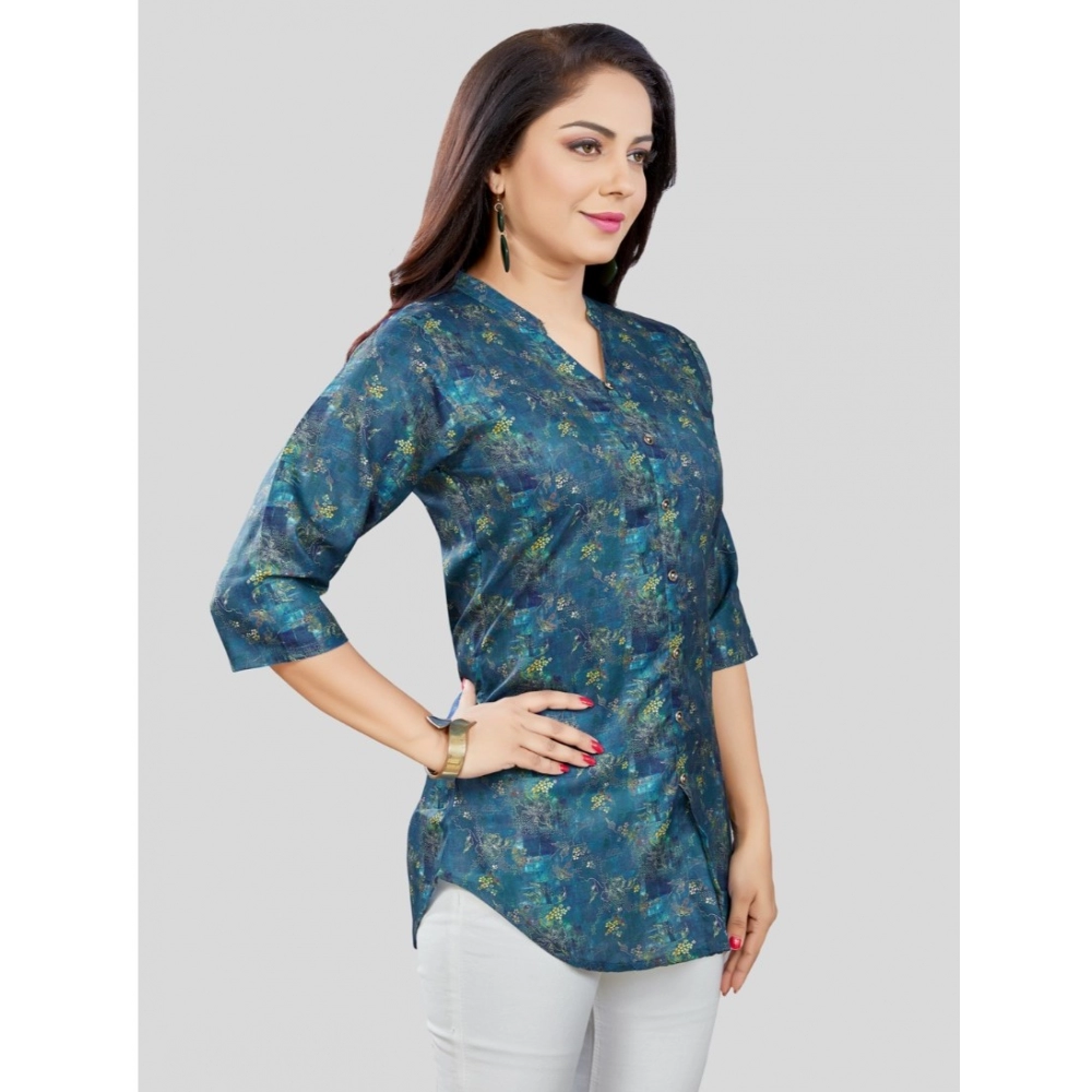 Women's Cotton Blend Mandarin Collar 3/4 Sleeves Short Top (Blue) - Image 5