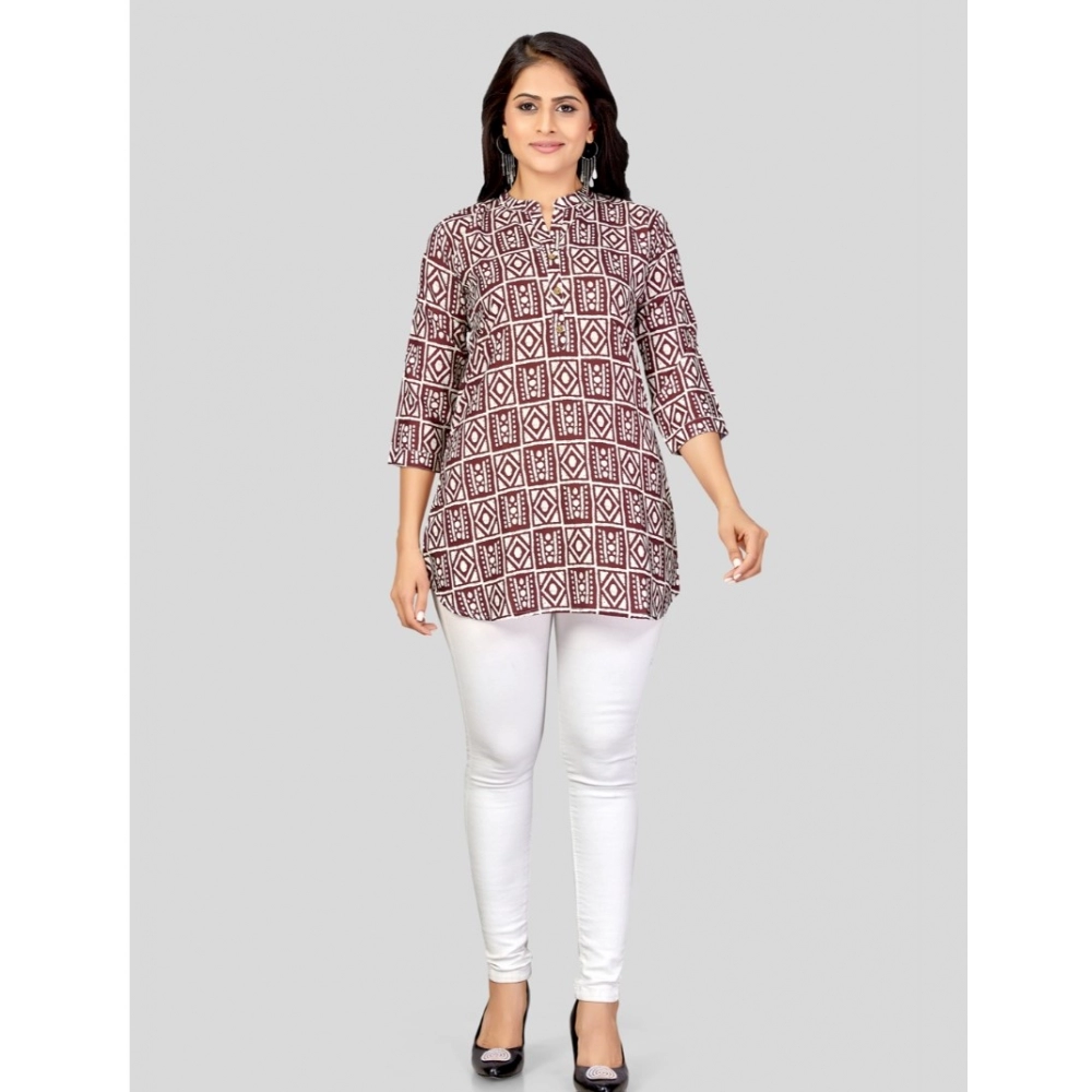 Women's Poly Crepe Mandarin Collar 3/4 Sleeves Short Top (Maroon) - Image 2
