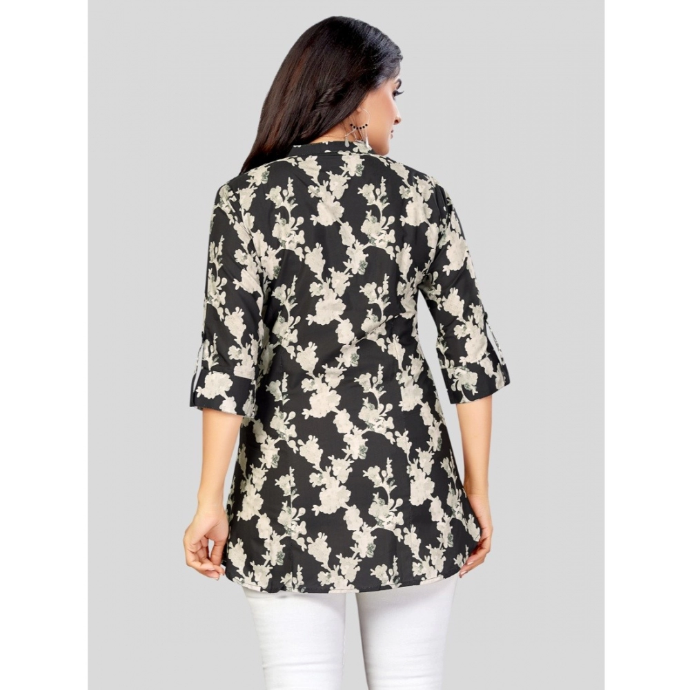 Women's Poly Crepe Mandarin Collar 3/4 Sleeves Short Top (Black) - Image 6