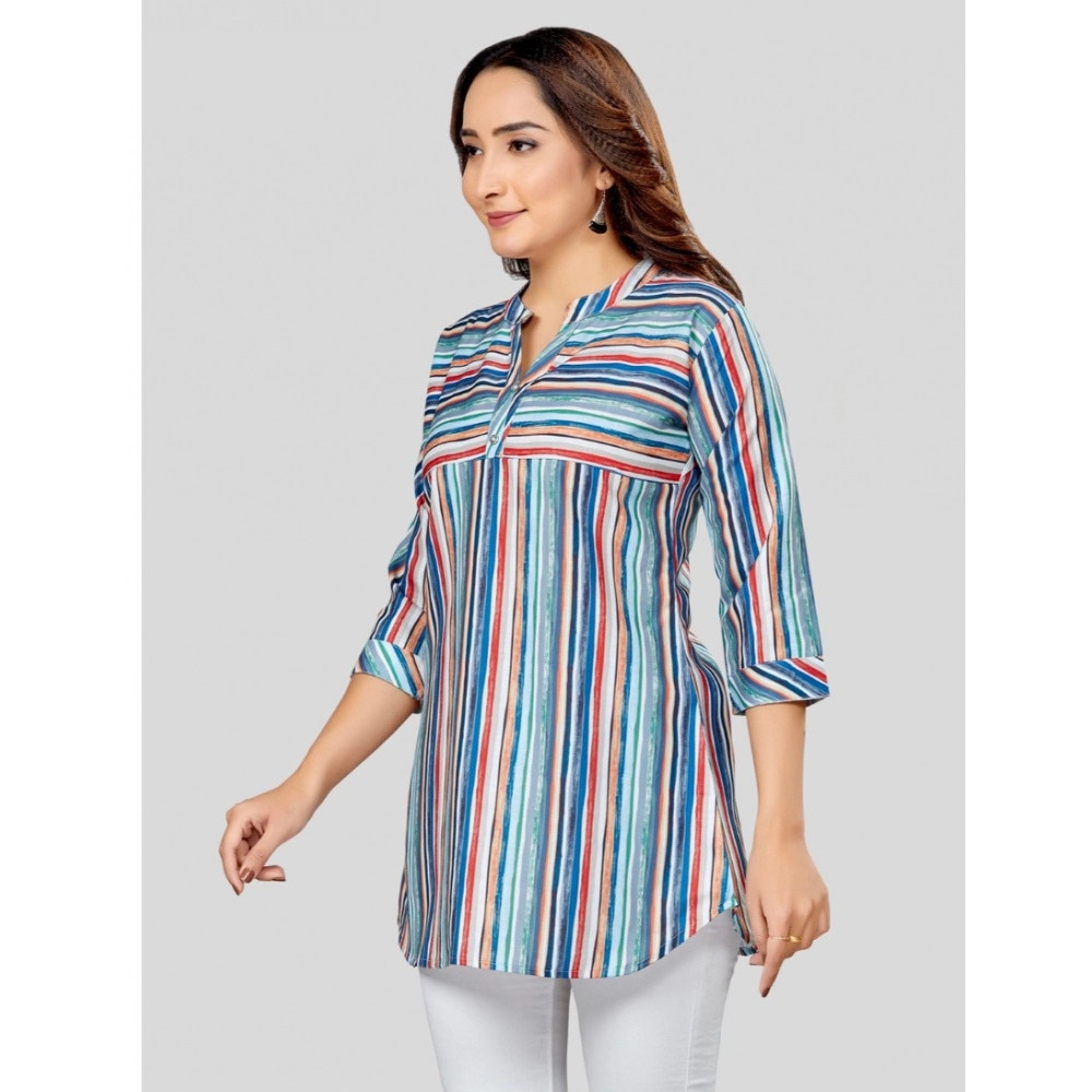 Women's Cotton Blend Mandarin Collar 3/4 Sleeves Short Top (Multicolor) - Image 2