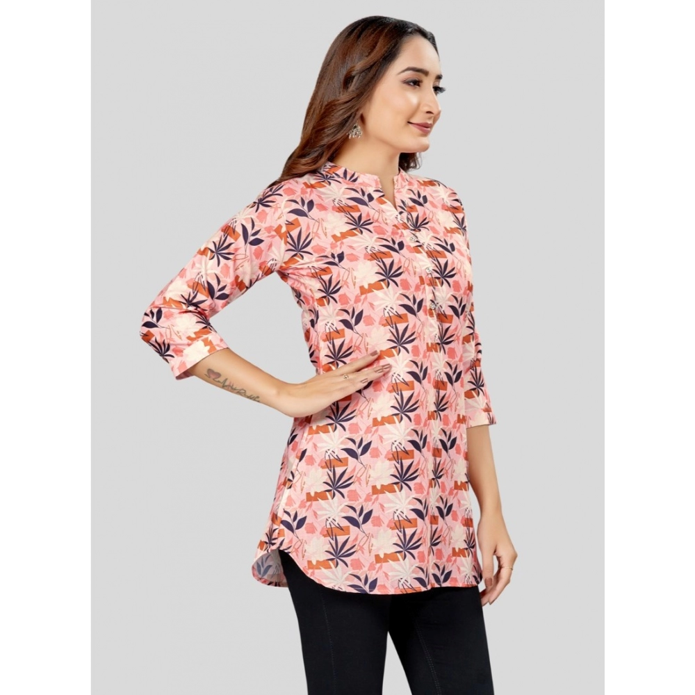 Women's Cotton Blend Mandarin Collar 3/4 Sleeves Short Top (Pink-Navy Blue) - Image 5