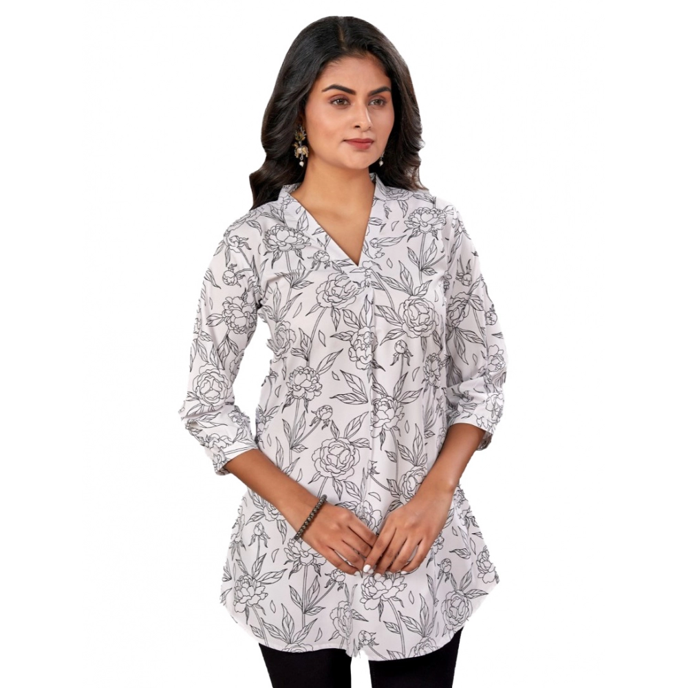 Women's Poly Crepe Chinese Collar 3/4 Sleeves Short Top (Black-White)