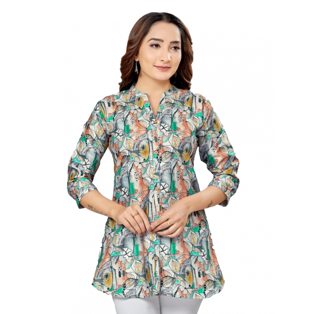 Women's Cotton Blend Mandarin Collar 3/4 Sleeves Short Top (Grey)