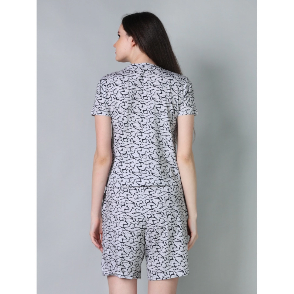 Generic Women's Cotton Blended Printed Round Neck Half Sleeve Top - Shorts Set (Off_White) - Image 4