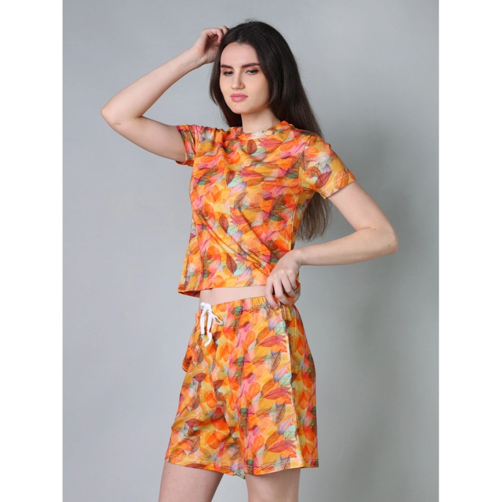 Generic Women's Cotton Blended Printed Round Neck Half Sleeve Top - Shorts Set (Yellow) - Image 3
