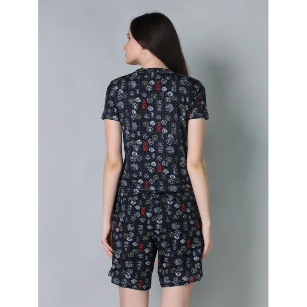 Generic Women's Cotton Blended Printed Round Neck Half Sleeve Top - Shorts Set (Black) - Image 4
