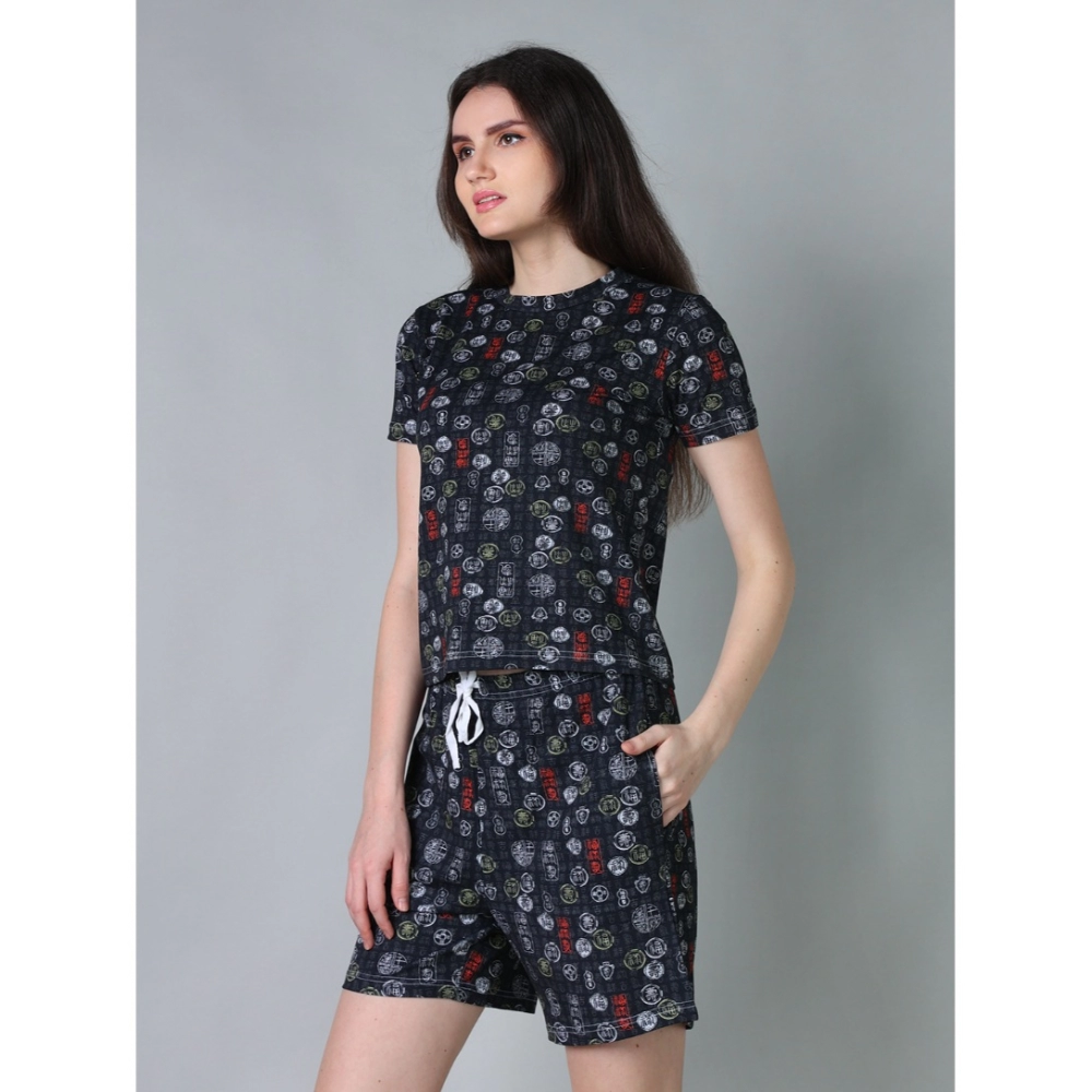 Generic Women's Cotton Blended Printed Round Neck Half Sleeve Top - Shorts Set (Black) - Image 3
