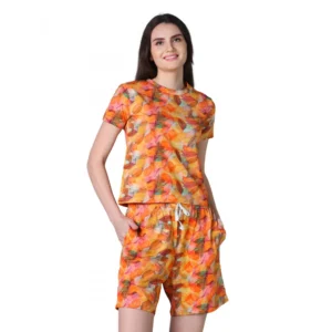 Generic Women's Cotton Blended Printed Round Neck Half Sleeve Top - Shorts Set (Yellow)