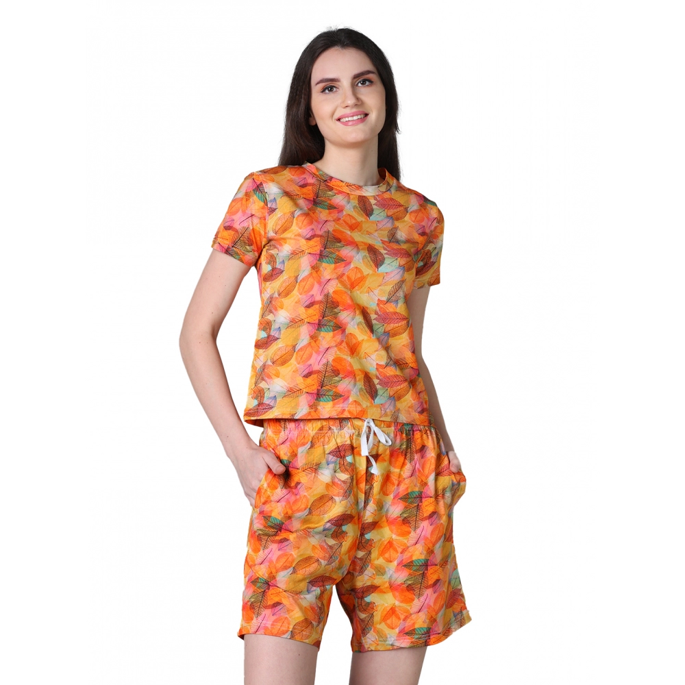 Generic Women's Cotton Blended Printed Round Neck Half Sleeve Top - Shorts Set (Yellow)