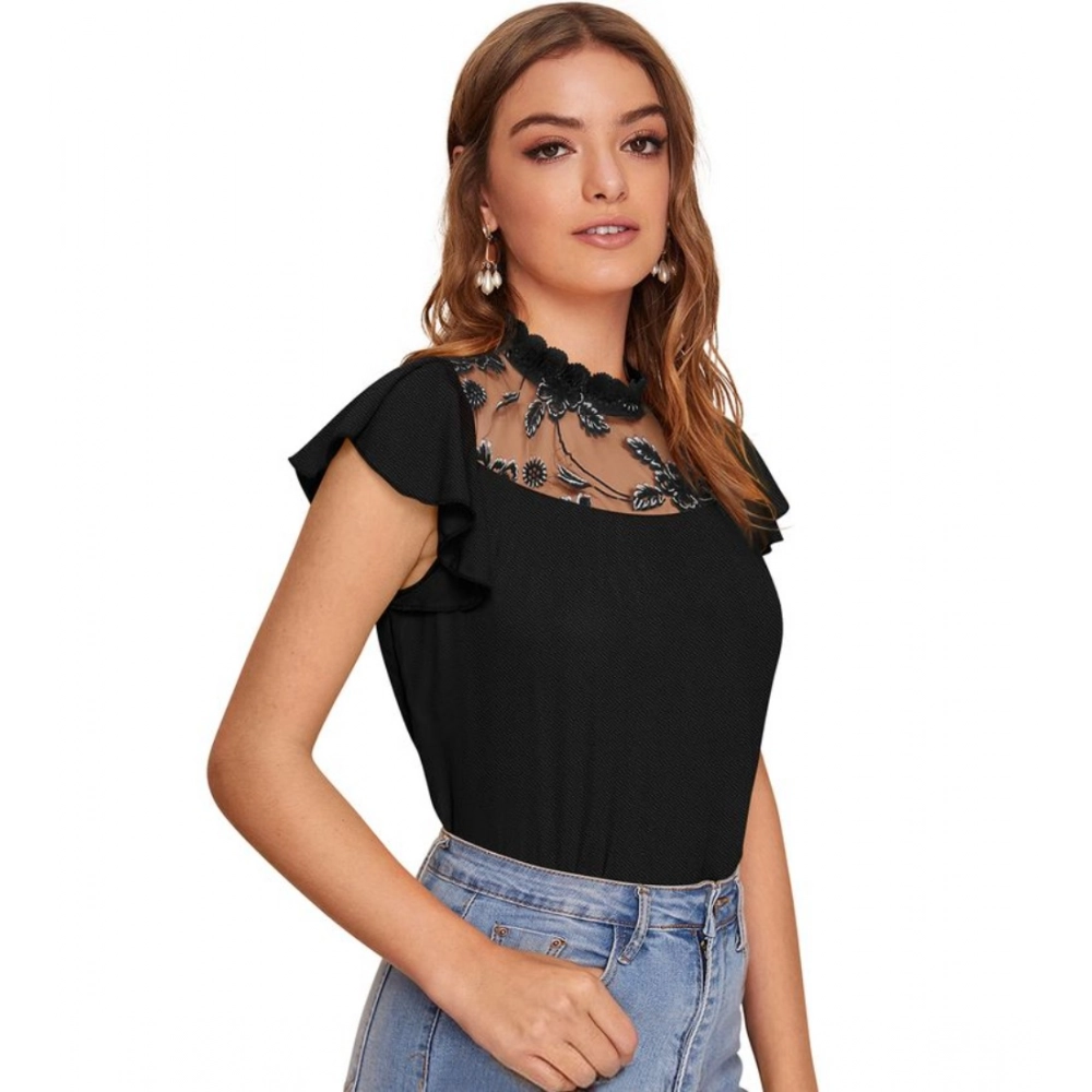 Women's Polyester Solid Cap Sleeve Sweetheart Neck Top (Black) - Image 5