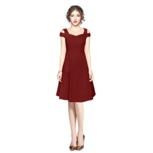 Women's Polyester Solid V Neck Cap Sleeve off Shoulder Dress (Maroon)
