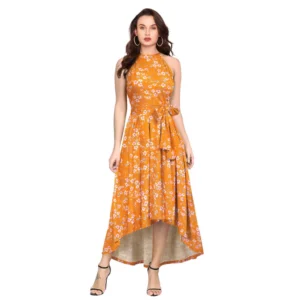 Women's Polyester Printed Halter Neck Sleeveless Dress (Yellow)