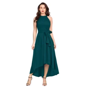 Women's Polyster Solid Halter Neck Sleeveless Dress (Morpichh)