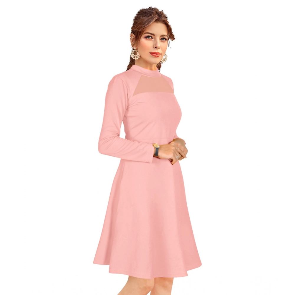 Women's Knitting stretchable Solid Round Neck Full Sleeve Dress (Peach) - Image 4