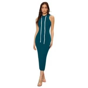 Women's Knitting stretchable Solid Round Neck Sleeveless Dress (Morpich)